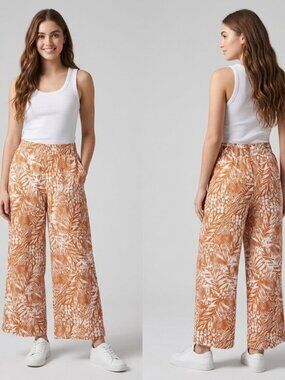 Christian Siriano New York 100% Linen Wide Leg Pants Small Mustard Tropical
